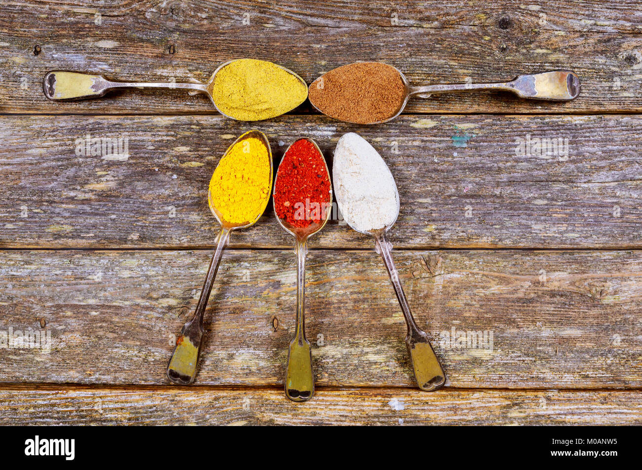 Vintage Löffel mit verschiedenen Gewürze auf einem weißen Hintergrund. Pfeffer mischen, Paprika, Ingwer, Kümmel, Thymian. Ansicht von oben. Platz für Text. Zutaten und s Stockfoto