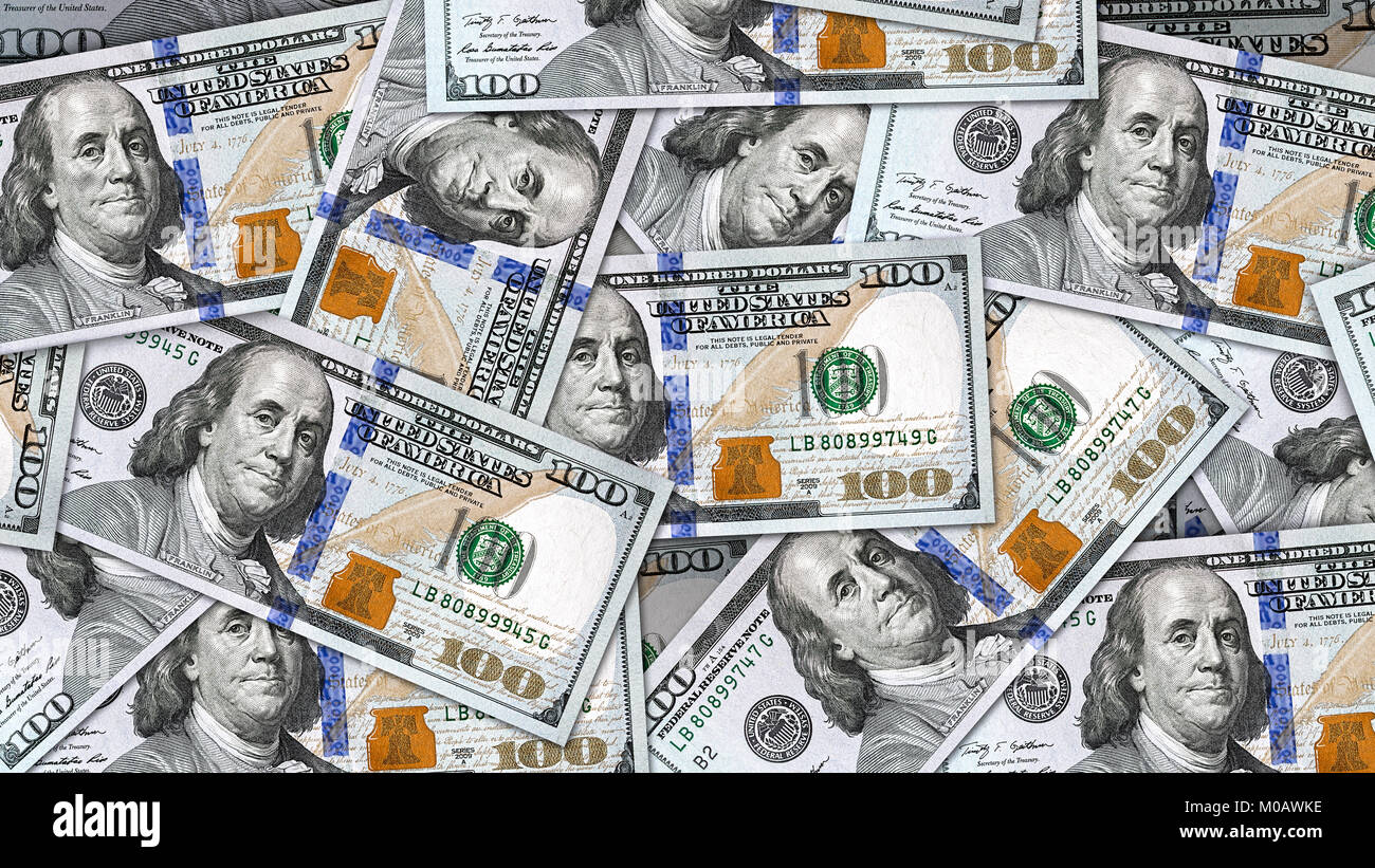 Nahaufnahme Geld Hintergrund mit vielen neuen 100 US-Dollarnoten. Bereit zur Verwendung als Hintergrund im 8K, 4K oder HD Video Auflösung in 16:9. Stockfoto