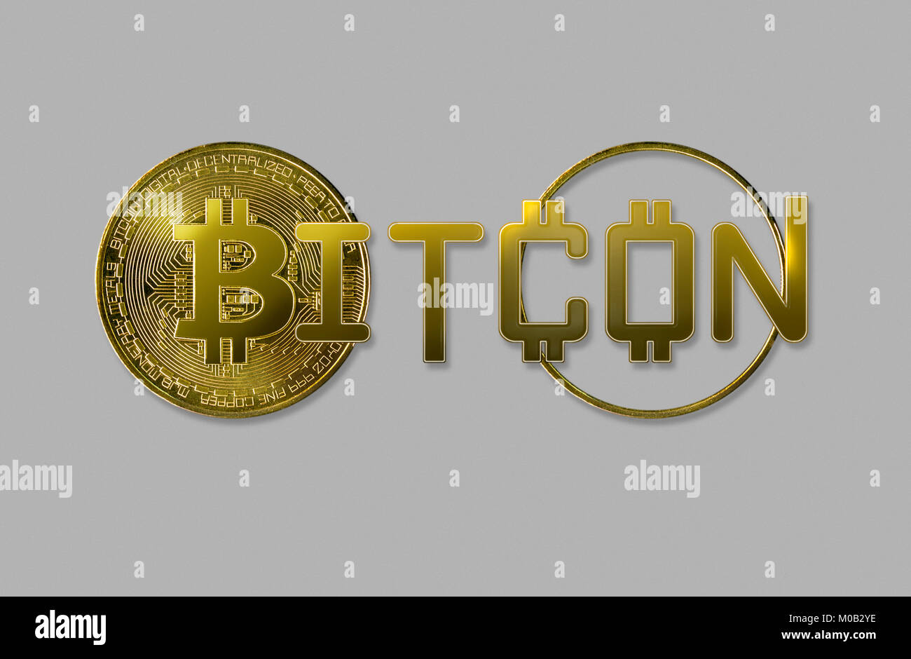 Das Wort Bitcon zeigt den Wert Null an die Währung Token Stockfoto