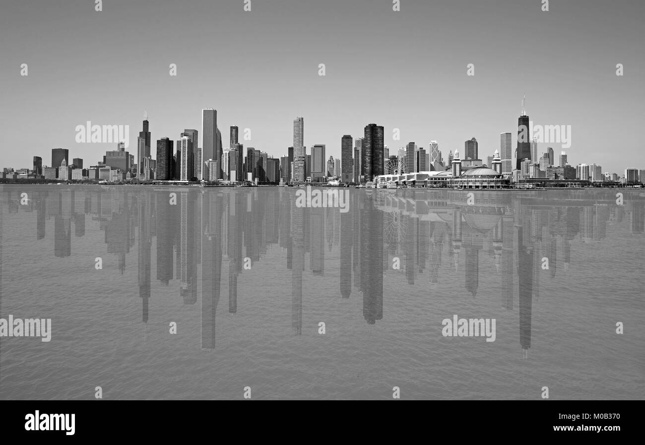 Schwarze und weiße Skyline von Chicago City Stockfoto