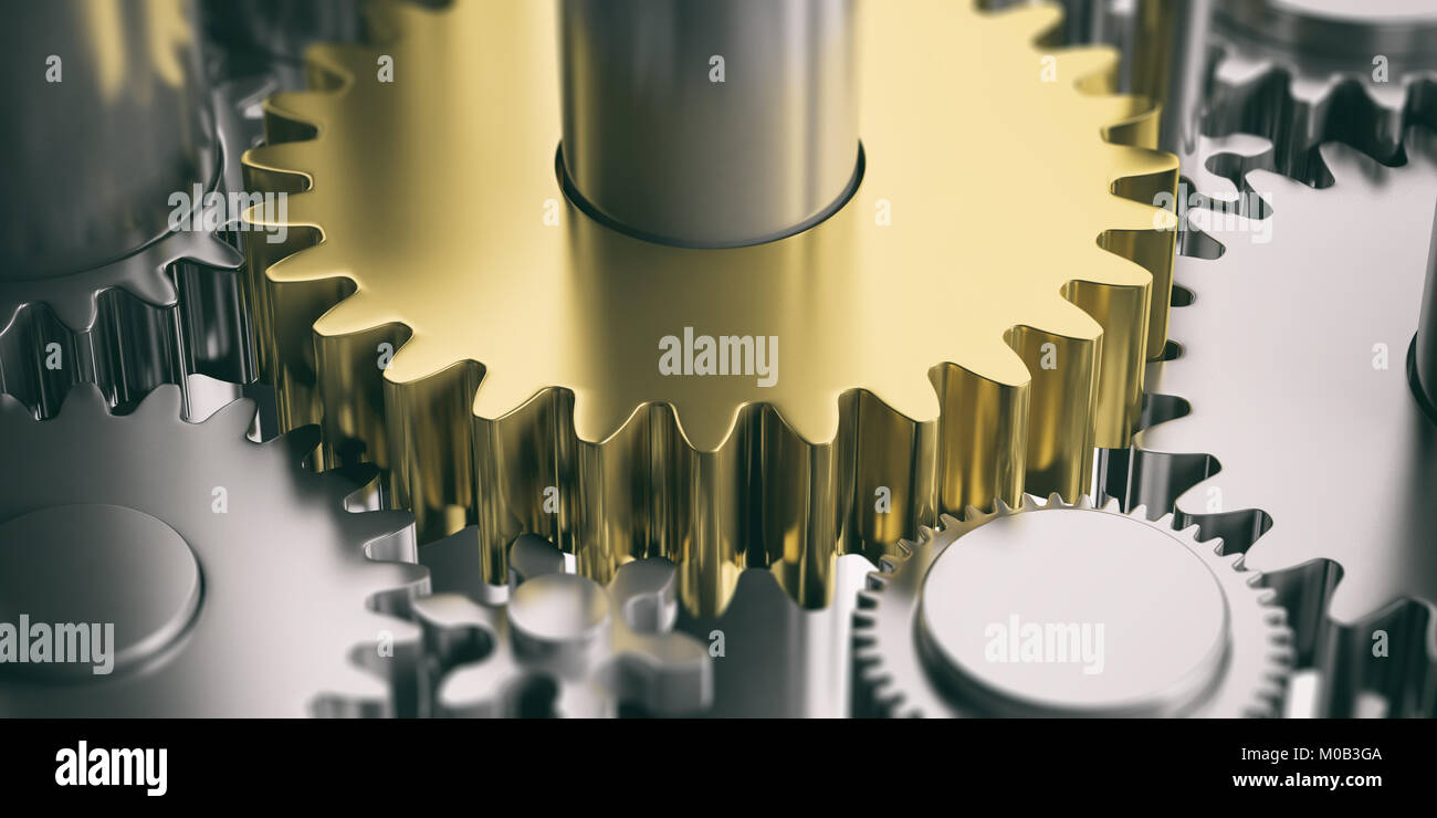 Einen goldenen Metal Gear auf Silber wheelgears Hintergrund. 3D-Darstellung Stockfoto