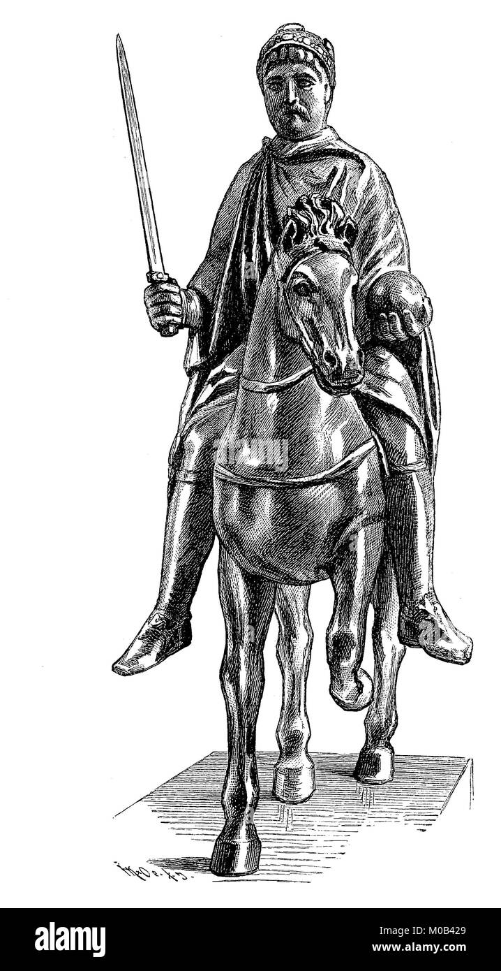 Die bronzene Statue Karls des Großen, 2. April, 747 oder 748 bis zum 28. Januar 814, war König des Fränkischen Reiches von 768 auf 814, Statue im Musée Carnavalet, Paris, Frankreich, digital verbesserte Reproduktion einer Vorlage drucken von 1880 Stockfoto