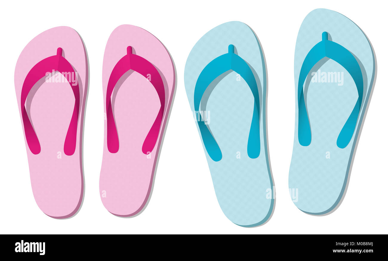 Sandalen oder Flip-Flops - zwei Paar Schuhe Sommer Spaß für Mann und Frau - symbolisch für die Liebe Paar am Strand Urlaub, Hochzeitsreise oder Romantik. Stockfoto