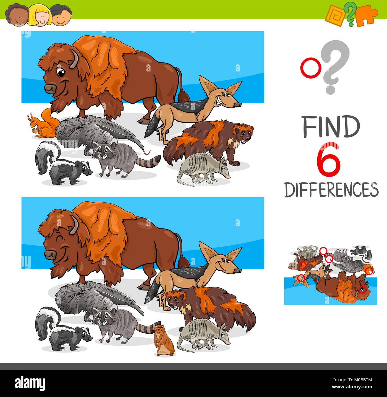 Cartoon Illustration des Findens von sechs Unterschiede zwischen den Bildern pädagogische Tätigkeit Spiel für Kinder mit wilden Tier Zeichen Gruppe Stock Vektor