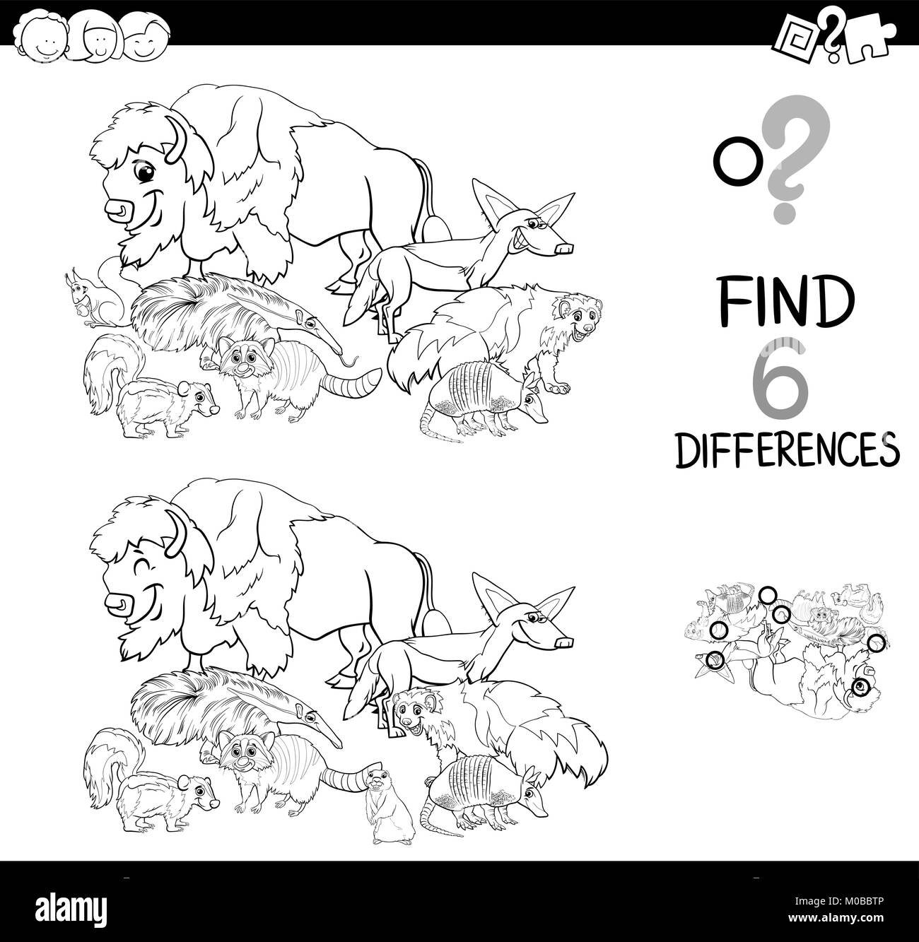 Schwarze und Weiße Cartoon Illustration des Findens von sechs Unterschiede zwischen den Bildern pädagogische Tätigkeit Spiel für Kinder mit wilden Tier Zeichen Gruppe Stock Vektor