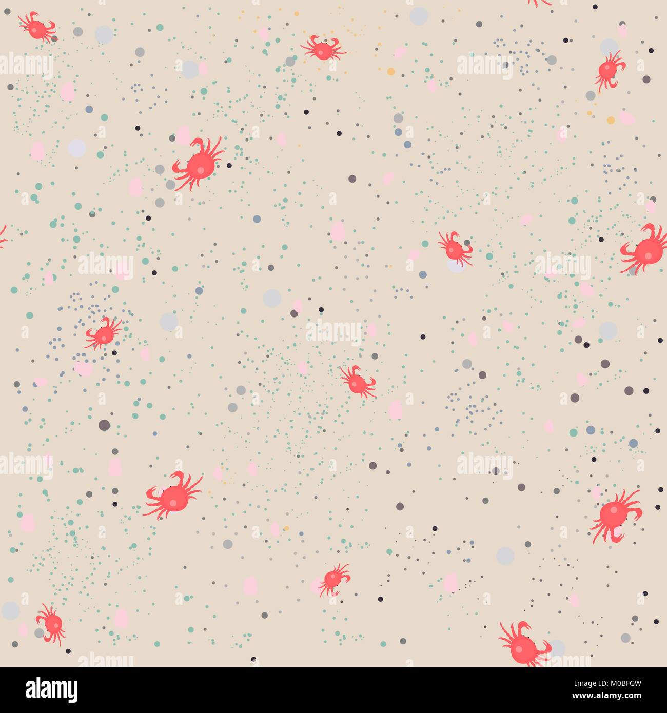 Nahtlose Muster mit Rote Krabben auf Sand. Für Hintergründe, Tapeten, Stoff, Drucke, Textilien, Uhren, etc. Vector Illustration Stock Vektor