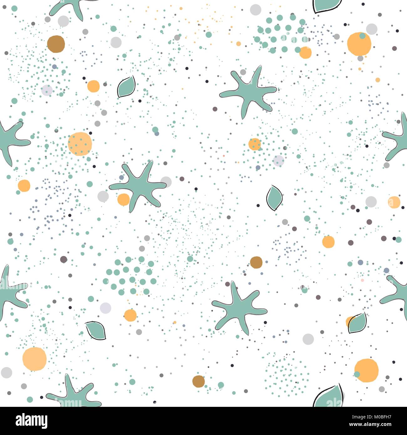 Wunderschöne handgezeichnete nahtlose Muster mit Punkten und Seesterne auf weißem Hintergrund. Vector Illustration Stock Vektor
