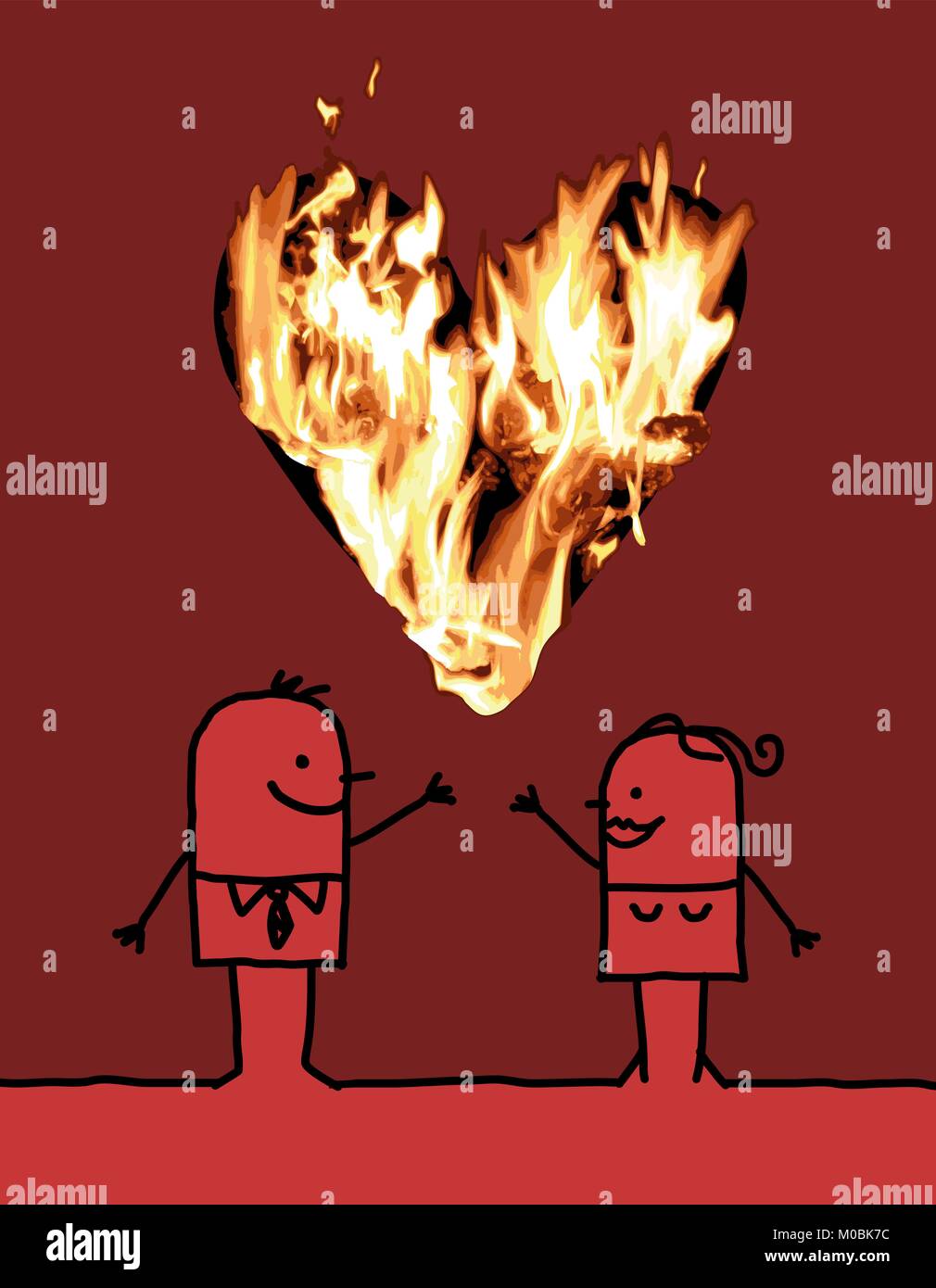 Cartoon Paar mit einem großen brennenden Herzen Stock Vektor