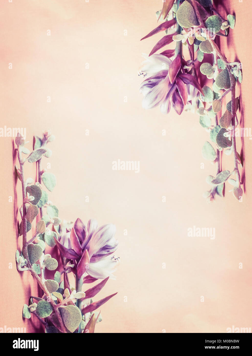 Blumen Rahmen mit schönen Blumen auf beigem Hintergrund, Ansicht von oben Stockfoto