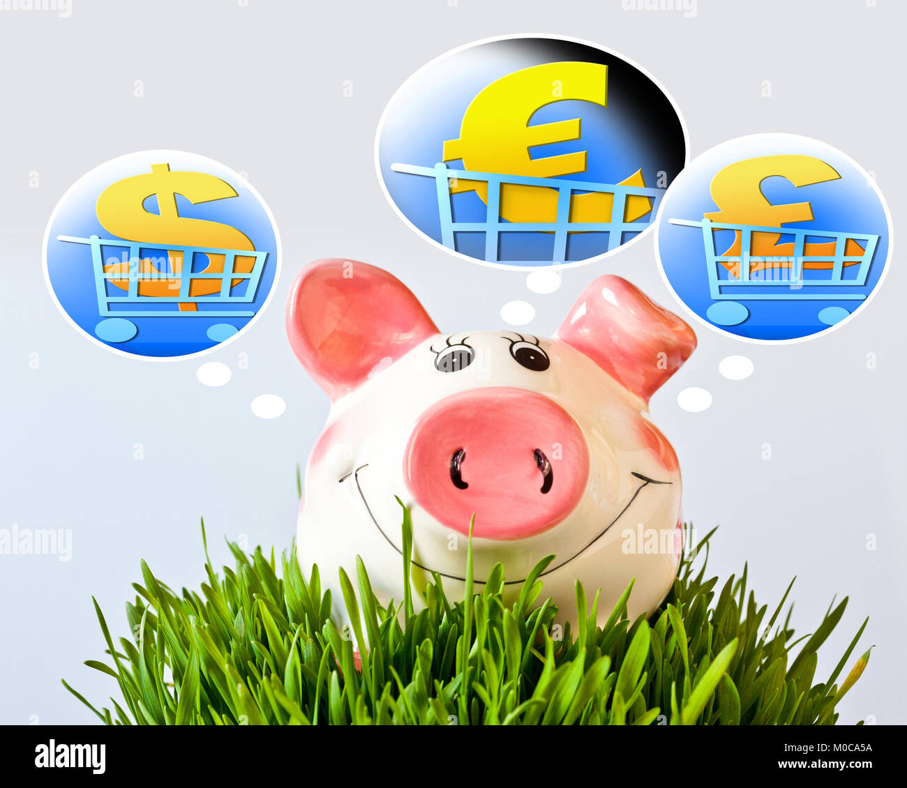 Der tschechischen Wirtschaft und Finanzen - piggy Bank und Devisen - Dollar, Pfund und Euro Zeichen in den Einkaufswagen Stockfoto