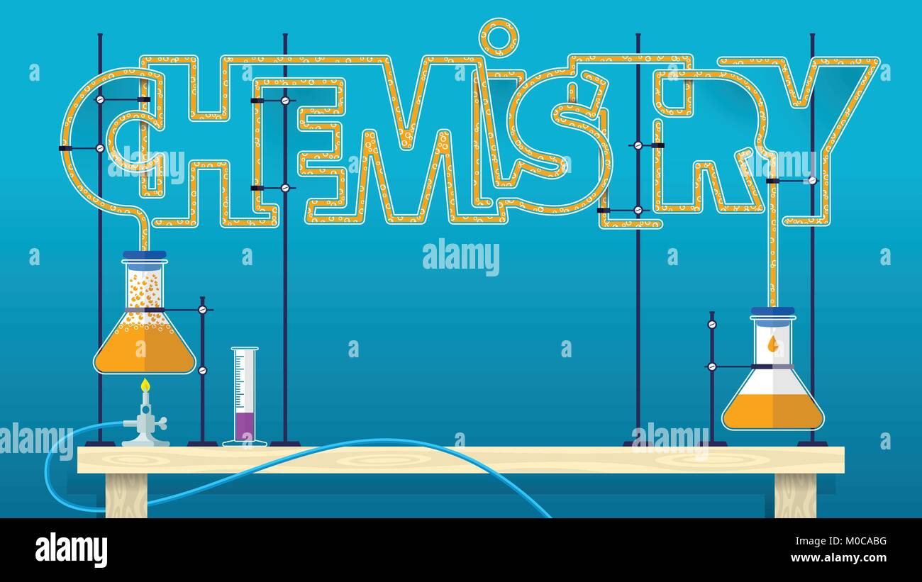 Chemie-Schriftzug. Chemische word Briefe von Glasröhrchen mit orange blubbernden Flüssigkeit zwischen zwei Glaskolben mit blauen Hintergrund gebildet. Vektor Stock Vektor