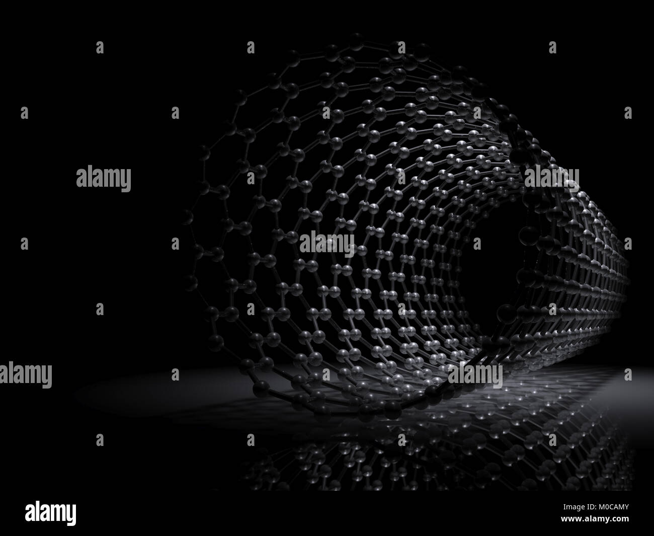 Kohlenstoff-nanoröhrchen molekulare Struktur, Kohlenstoffatome in gewickelt hexagonalen Gitter verbunden. 3D-Darstellung auf schwarzem Hintergrund Stockfoto