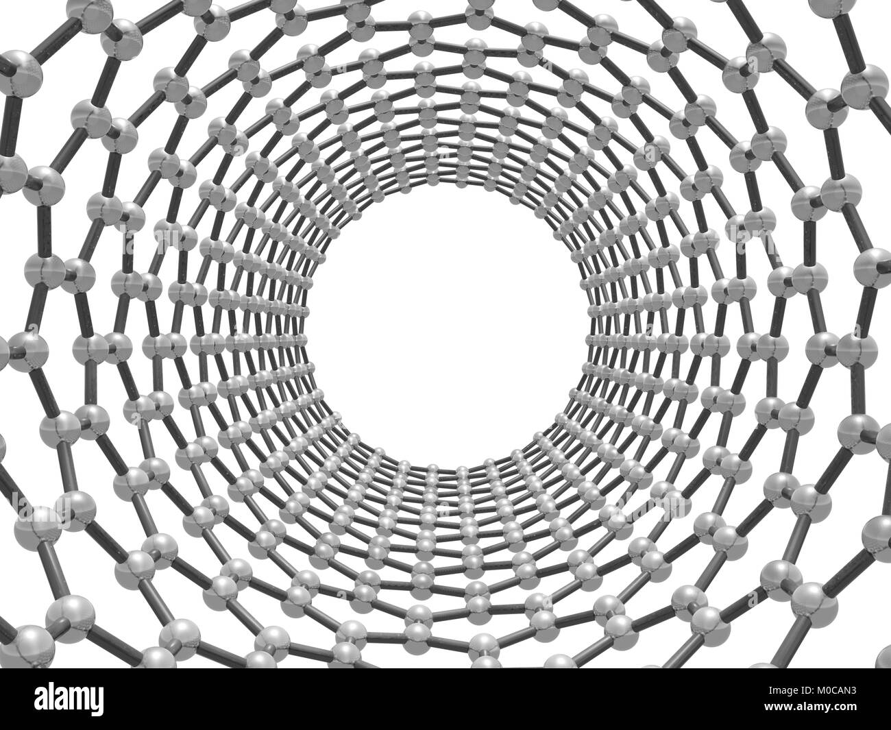 Zick-zack-Carbon Nanotube. Molekulare Struktur. Atome in gewickelt hexagonalen Gitter verbunden. Vorderansicht mit Perspektive auf weißem Hintergrund. 3. Stockfoto