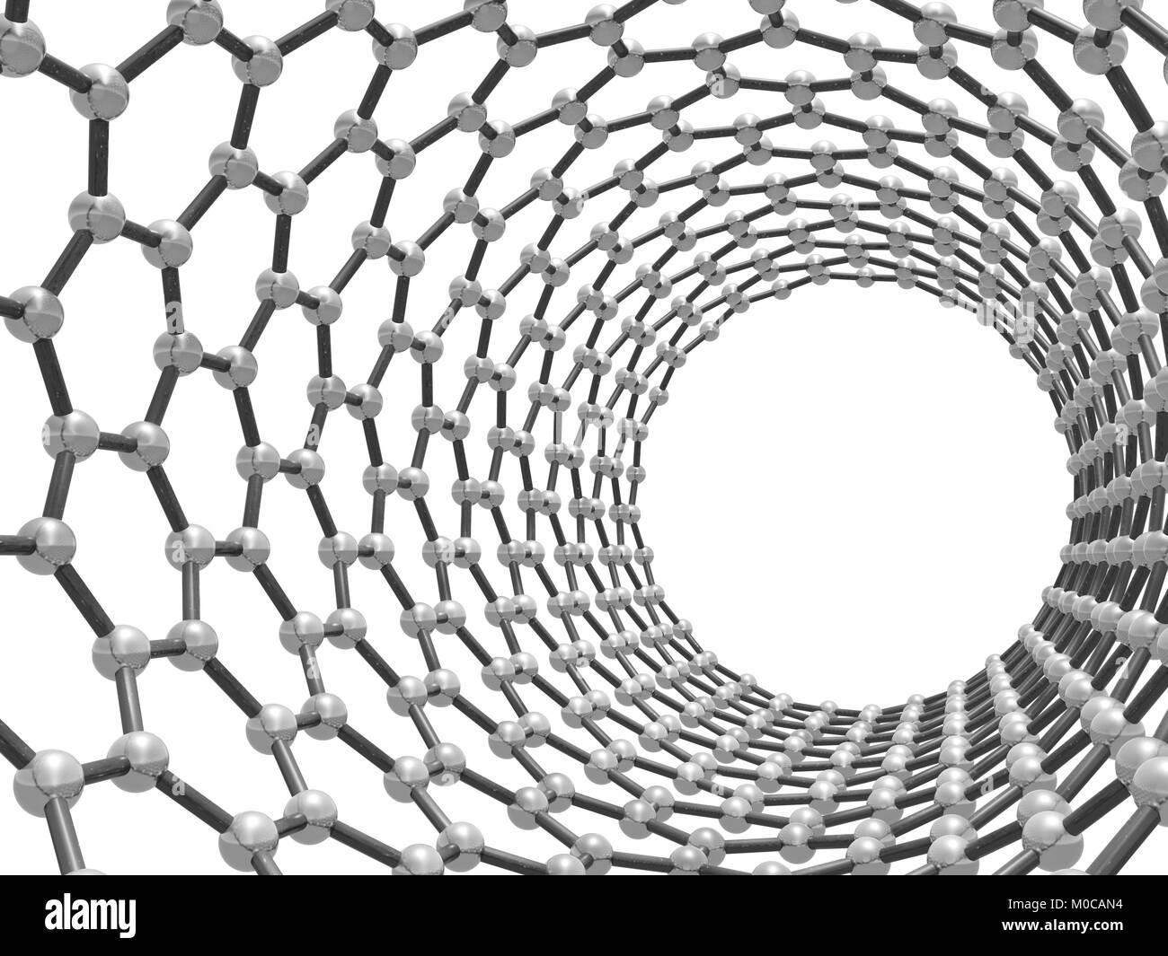Zick-zack-Carbon Nanotube. Schematische molekularen Struktur. Atome in gewickelt hexagonalen Gitter verbunden. Vorderansicht mit Perspektive auf weißen Bac isoliert Stockfoto
