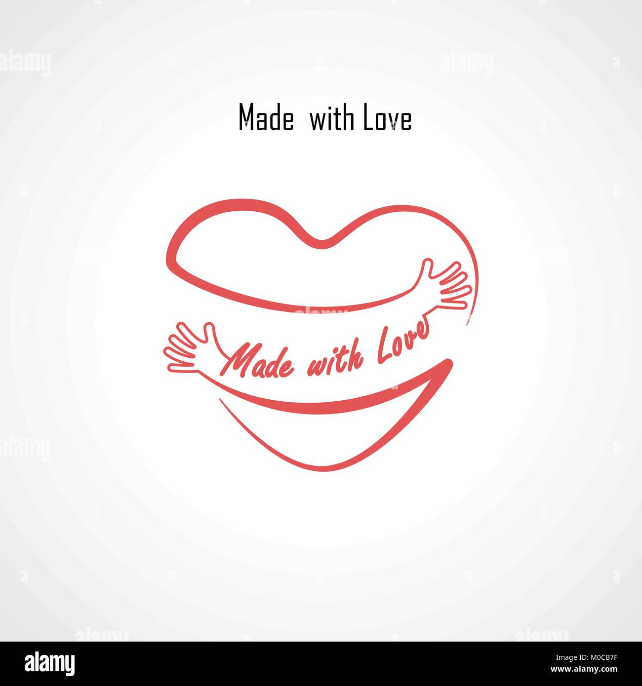 'Made mit Liebe "typografischen Gestaltungselemente und Rotes Herz Form mit der Hand umfassen. Umarmungen und Liebe dich selbst unterzeichnen. Gesundheit und Herz Care Symbol. Happy Vale Stock Vektor