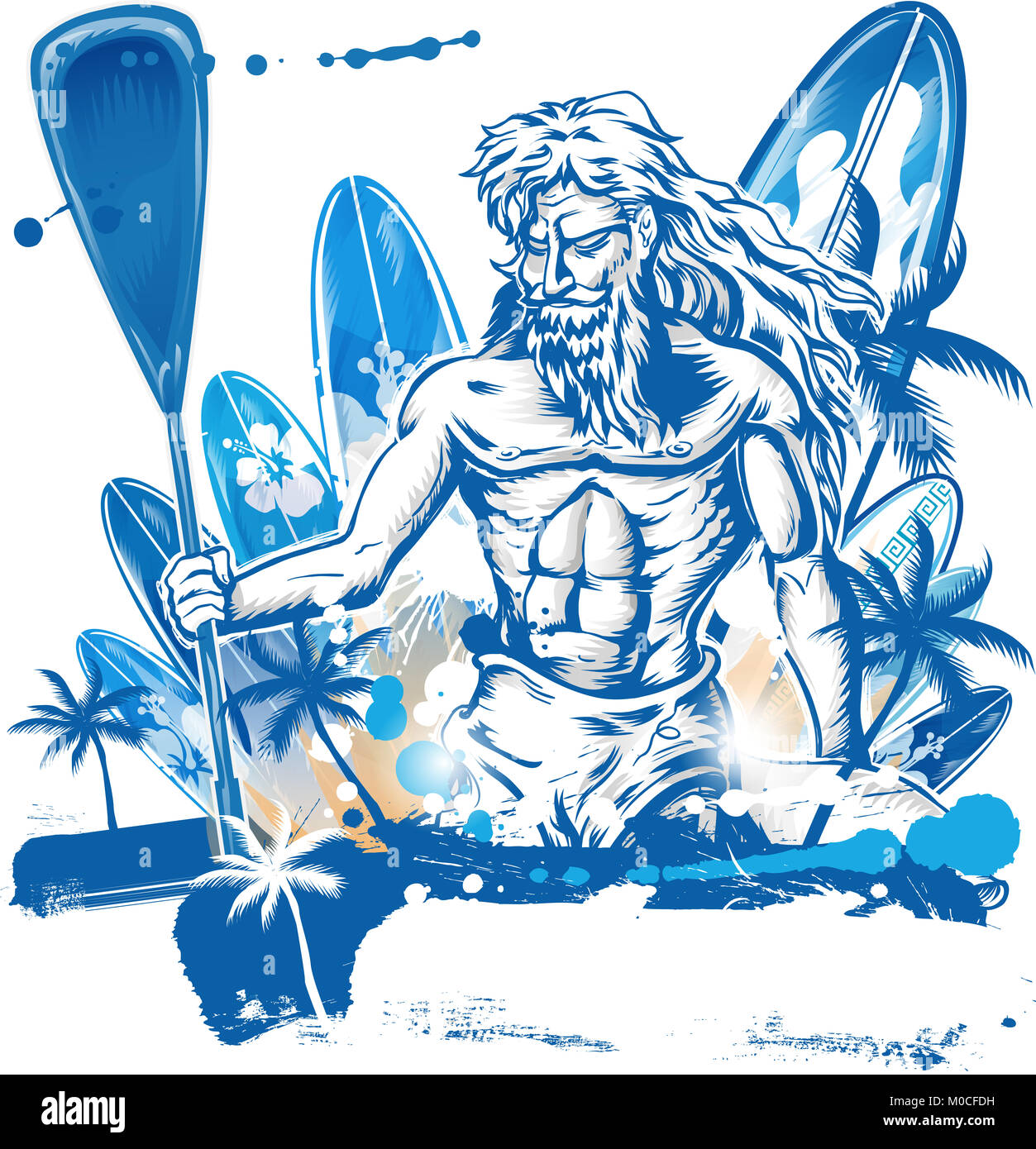 Poseidon Pfütze Surfer auf Surfboard Hand zeichnen Stockfoto