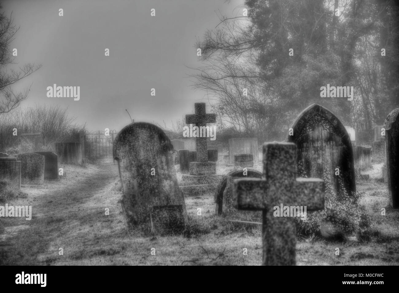 Nebelige Friedhof, Hatfield Peverel, Essex. Stockfoto
