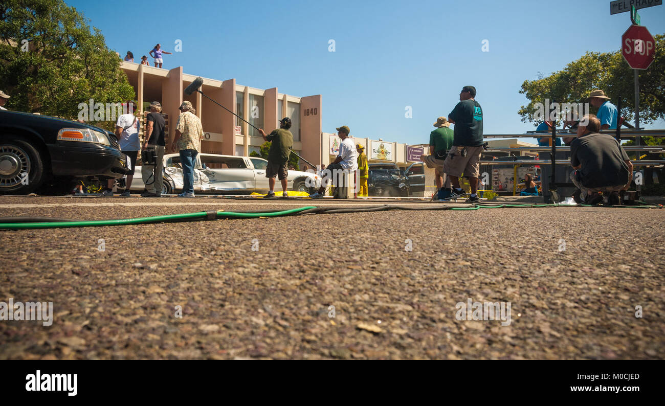TV Film Produktion Mannschaft Dreharbeiten in Redondo Beach, Cailfornia. Stockfoto