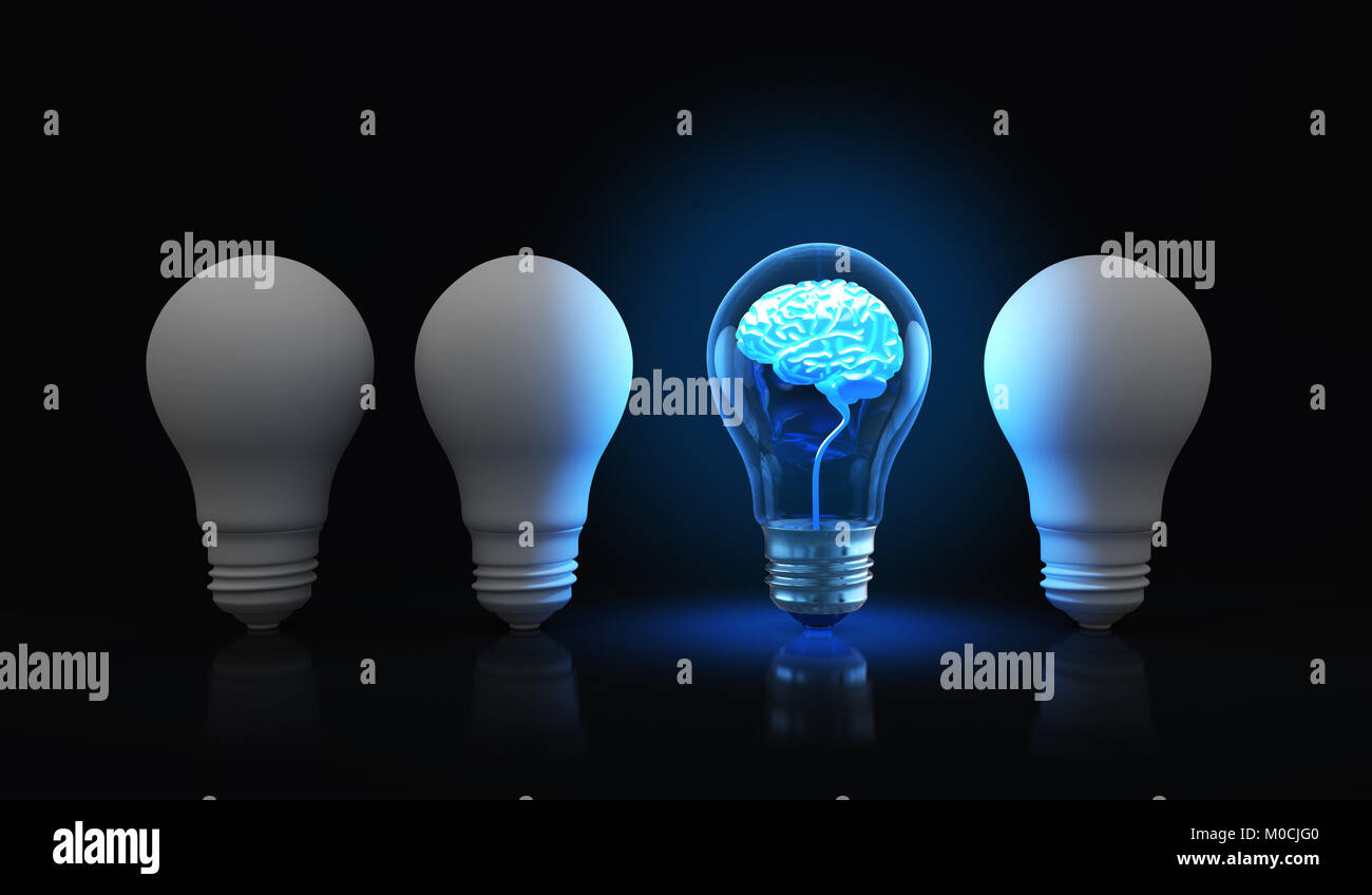 Glühbirne mit glänzenden Gehirn innen. 3D-Darstellung Stockfoto