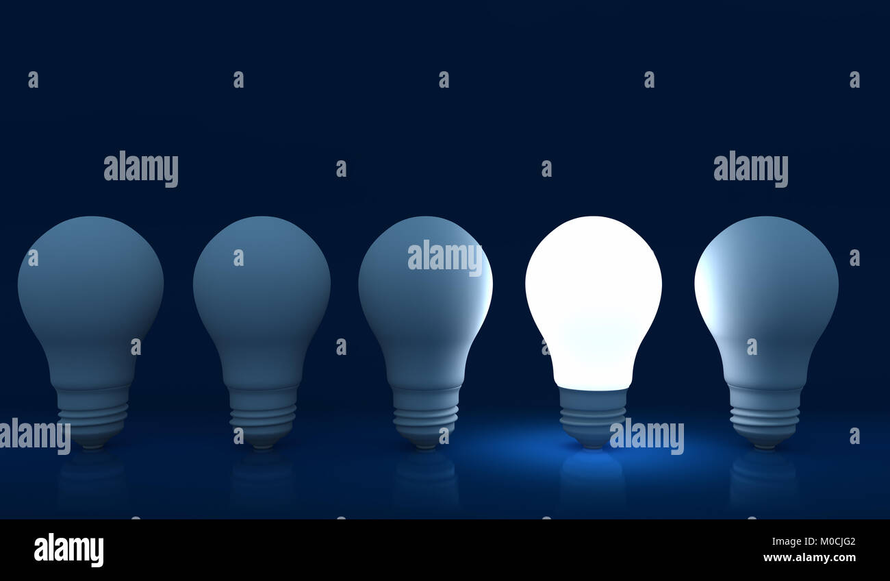Leuchtet die Glühbirne in einer Reihe von Dim, Konzept für Kreativität, Innovation und Lösung. 3D-Darstellung Stockfoto