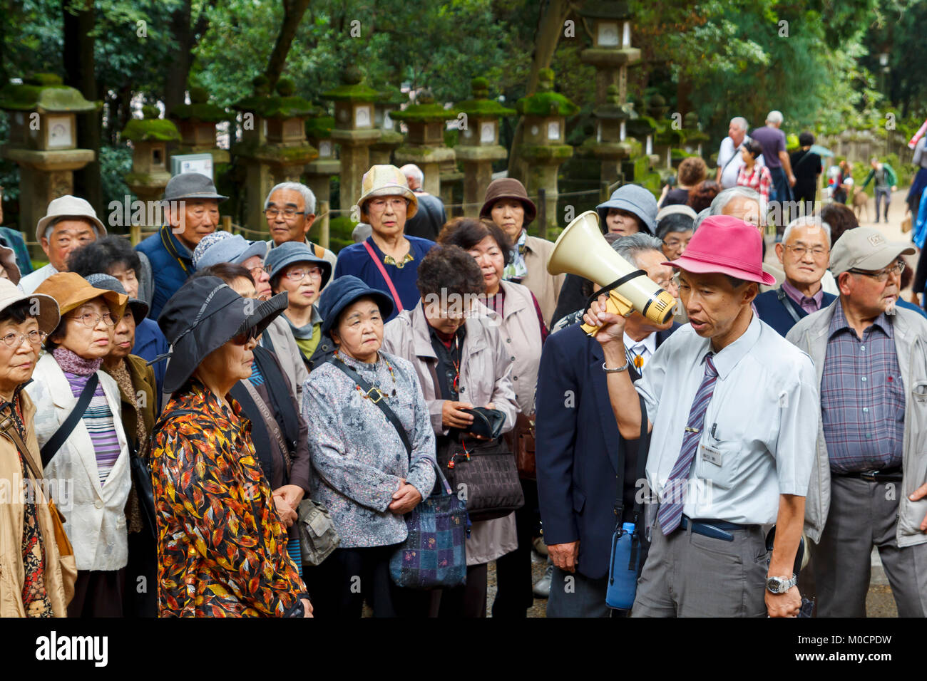 Japanischer guide und Besucher in Kasuga Taisha - in Nara, ein wichtiges Reiseziel in Japan Stockfoto