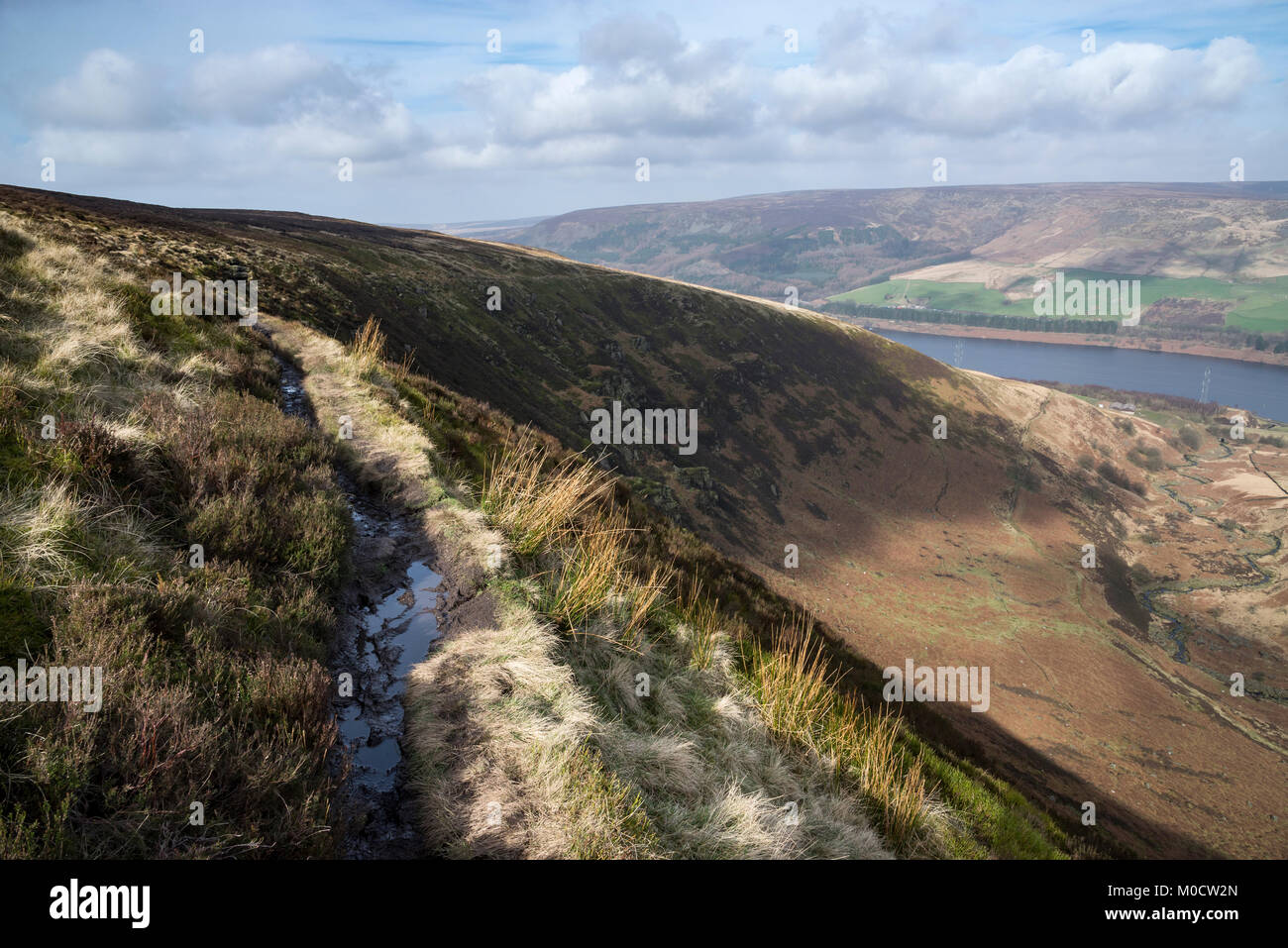 Der Pennine Way an torside Clough, Bleaklow, in die Richtung der Stauseen in der longdendale Tal, Derbyshire, England. Stockfoto