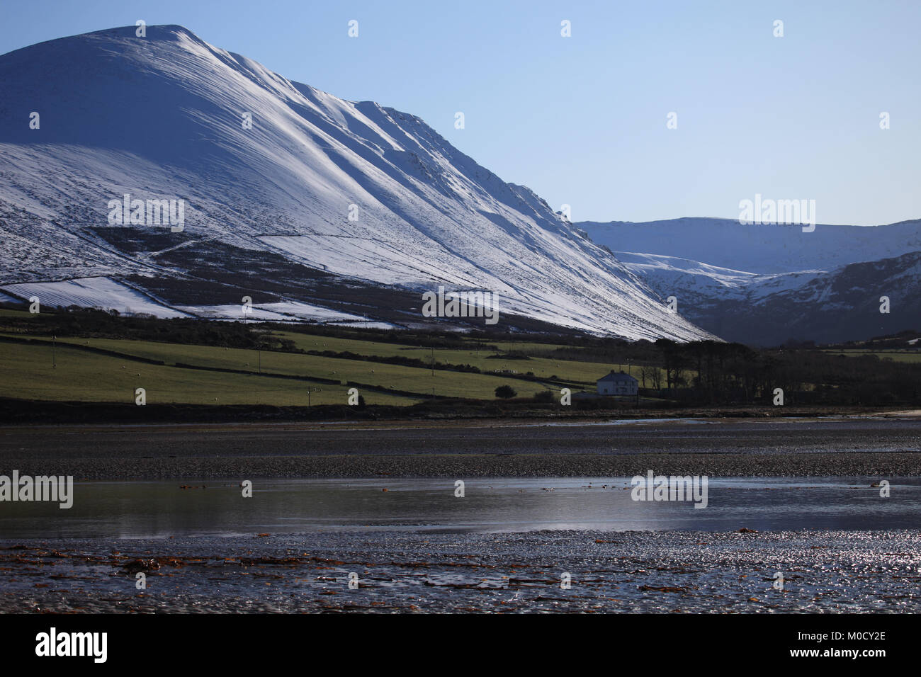 Blick auf den See in Irland mit schneebedeckten Bergen wilden Atlantik, County Kerry, Irland Stockfoto