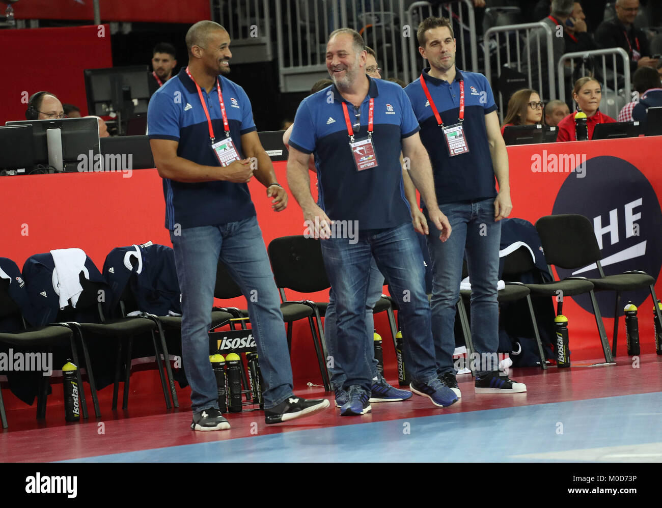 (C) LAURENT LAIRYS/LEMOUSTICPRODUCTION/MAXPPP-à ZAGREB LE 20-01-2018 - CHAMPIONNAT D'EUROPE (MATCH DE POULE) EQUIPE DE FRANCE VS EQUIPE DE SUEDE - DIDIER DINART UND GUILLAUME GILLE (Frankreich) Credit: Laurent Lairys/Agence Locevaphotos/Alamy leben Nachrichten Stockfoto