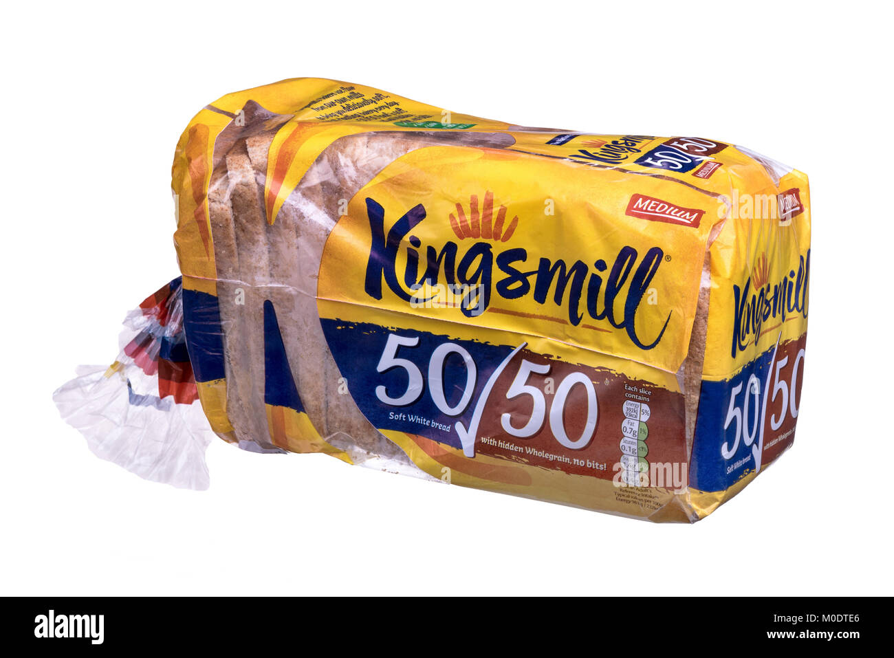 Kingsmill 50/50 geschnittenes Brot in Plastik eingewickelt. Stockfoto