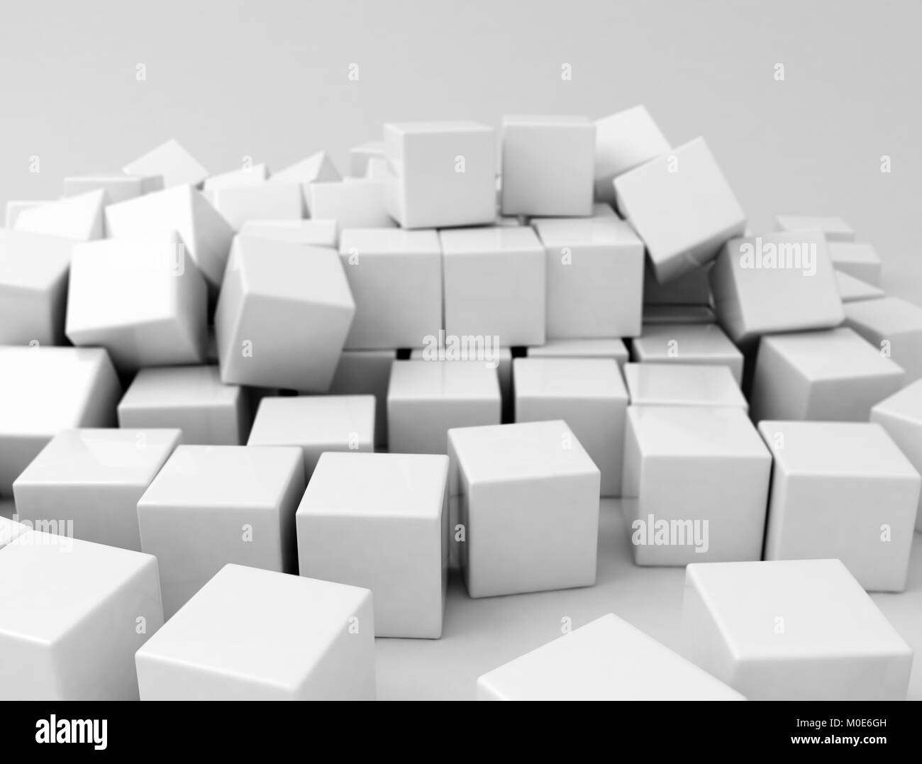 Gestapelt und white cubes zusammengebrochen. 3D-Darstellung Stockfoto