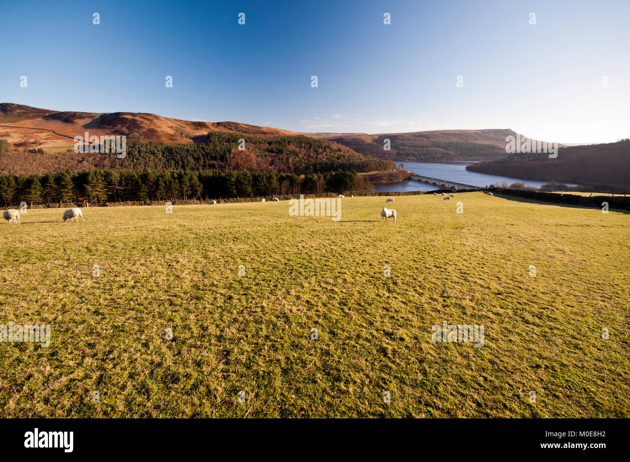 Auf der Suche von Alston Hügel über Ladybower Reservoir in Richtung Bamford Kante im Peak District National Park Stockfoto
