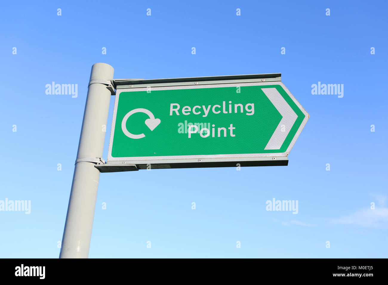 Signage für Recycling vor blauem Himmel mit Symbol und englische Wörter Schuß Stockfoto