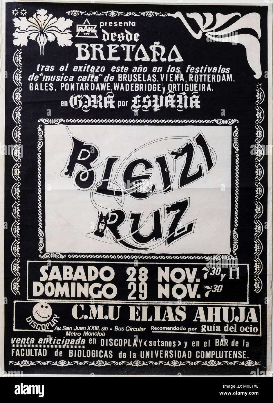 Bleizi Ruz, Keltische Gruppe aus der Bretagne in Madrid 1981. Musical Konzert Poster Stockfoto