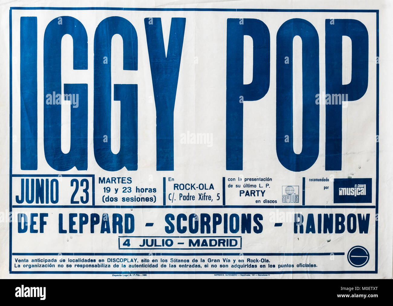 Iggy Pop, Def Leppard, Scorpions, Rainbow in concert, Madrid 1981. Musikalisches Konzertposter. Rock.Ola Stockfoto