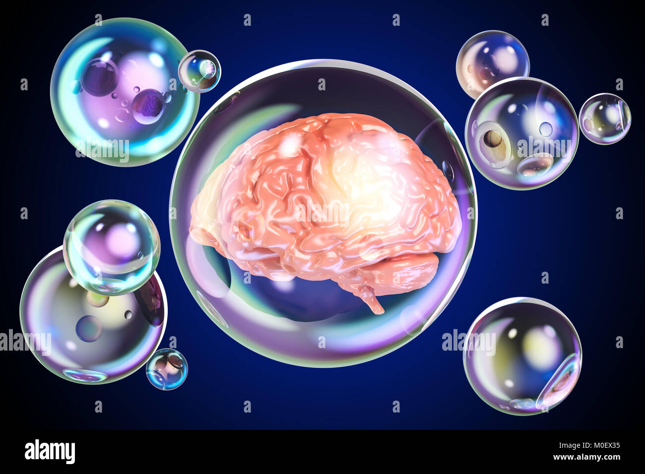Menschliche Gehirn innen Seifenblasen, 3D-Rendering Stockfoto