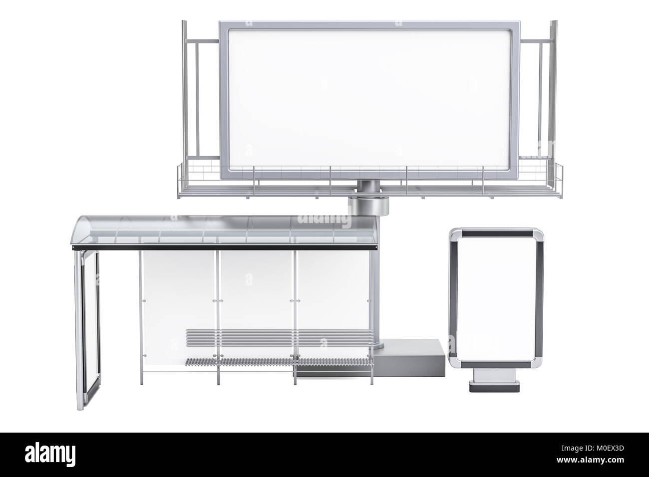 Outdoor leer Werbung Reklametafeln, leer Light Box und Bushaltestelle mit Werbeflächen, 3D-Rendering auf weißem Hintergrund Stockfoto