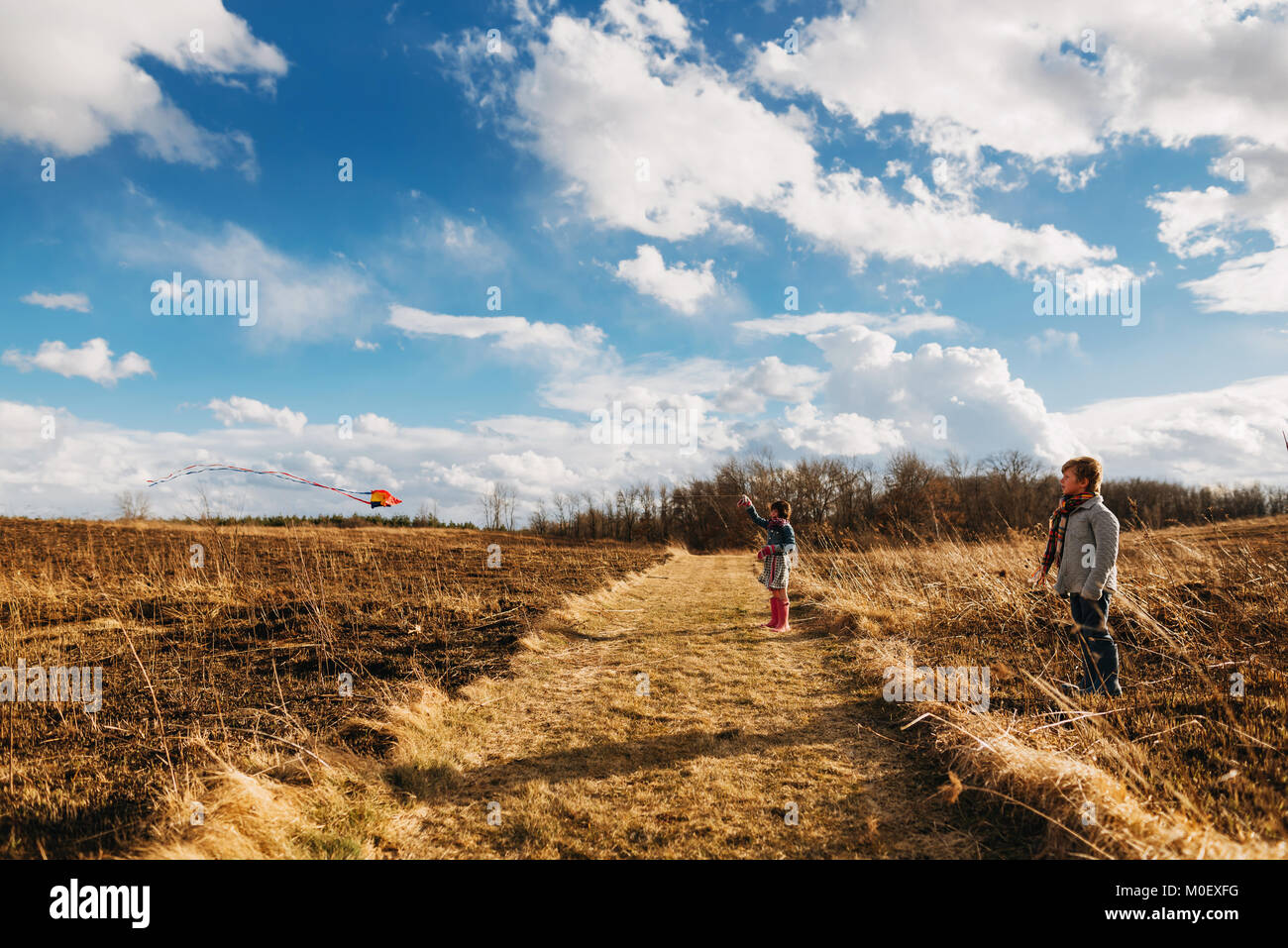 Junge und Mädchen flying a Kite in einer ländlichen Landschaft Stockfoto