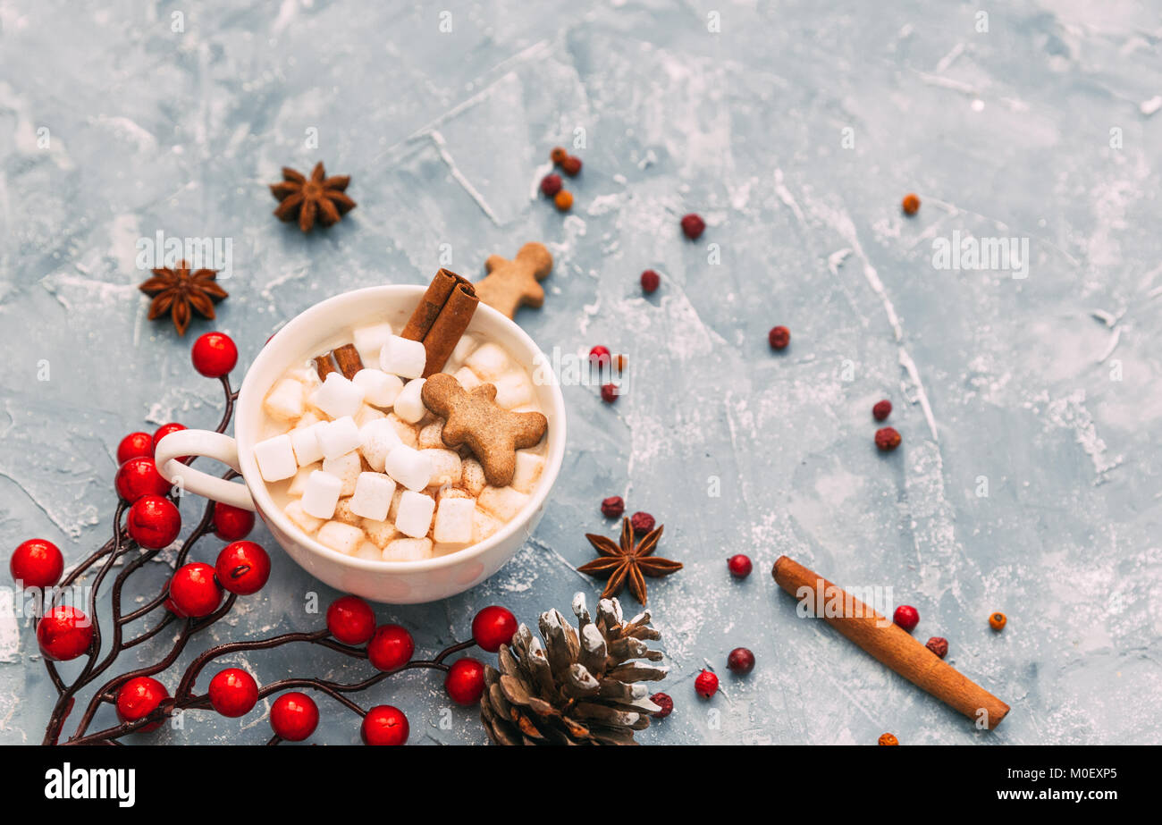 Heiße Schokolade mit Marshmallows, Gingerbread Man, weihnachtliche Gewürze und Dekoration Stockfoto