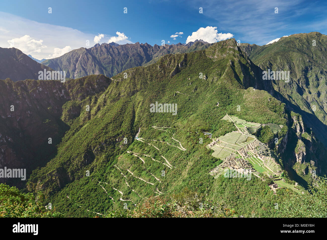 Schöne Machu Picchu Landschaft auf klaren sonnigen Tag. Stadt rund um Berg Hintergrund Stockfoto