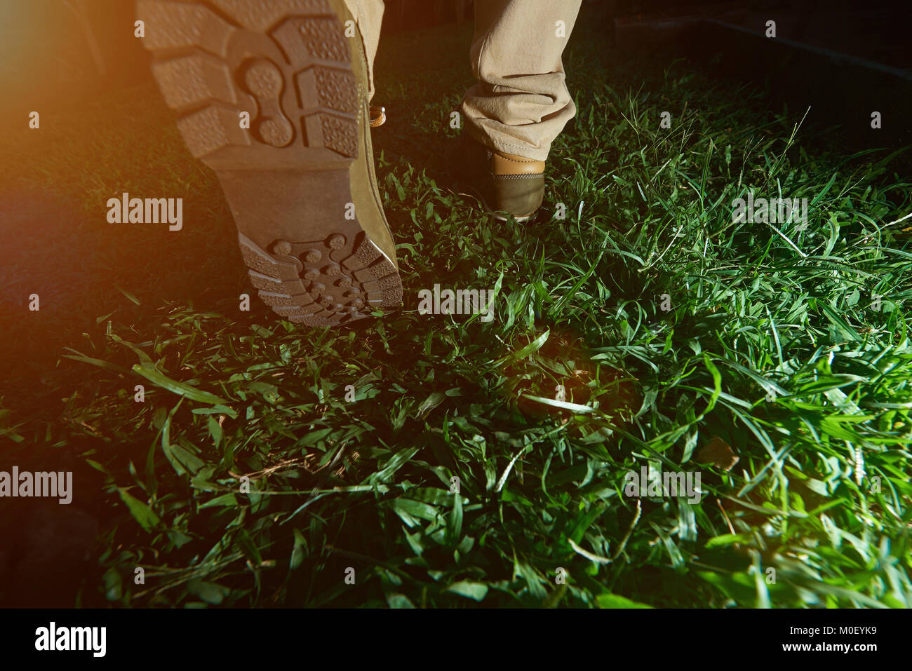 Man Walking auf grünem Gras in Wanderschuhen. Rückseite der Jagd Schuhe Stockfoto