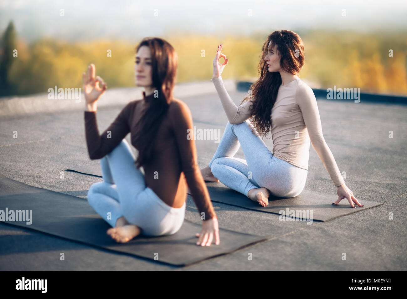 Zwei junge Frauen Yoga Asana Hälfte Herr der Fische stellen auf dem Dach im Freien. Ardha Matsyendrasana Stockfoto