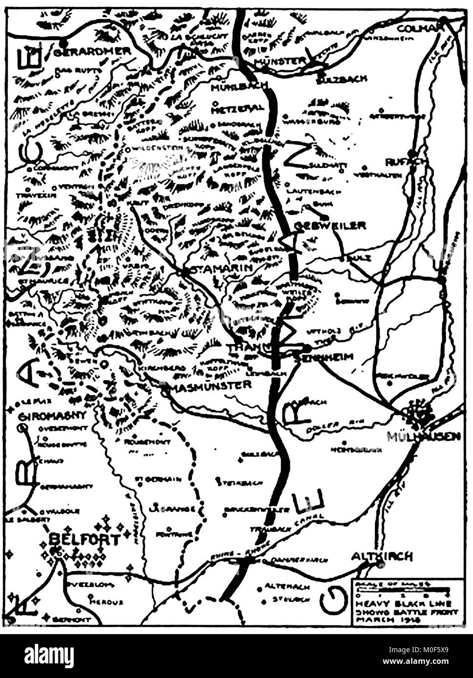 WWI-A 1917 Karte mit militärischen Aktivitäten in der 1914-1918 Erster Weltkrieg zeigt den Bereich, wo die Kämpfe im Elsass statt Stockfoto