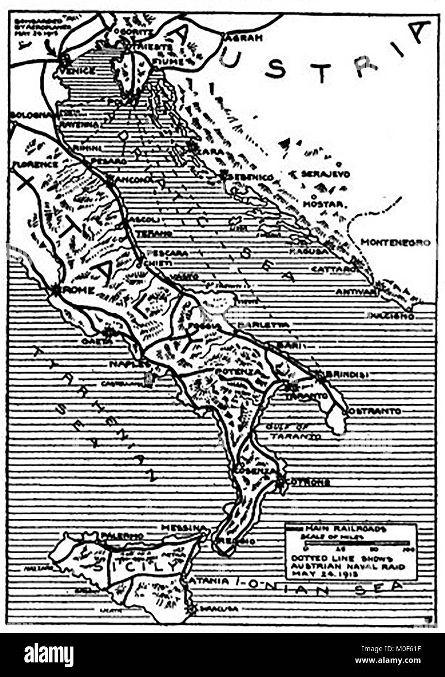 WWI-A 1917 Karte mit militärischen Aktivitäten in der 1914-1918 Erster Weltkrieg - Italien und Österreich zeigen die Naval Raid von Mai 1915 Stockfoto