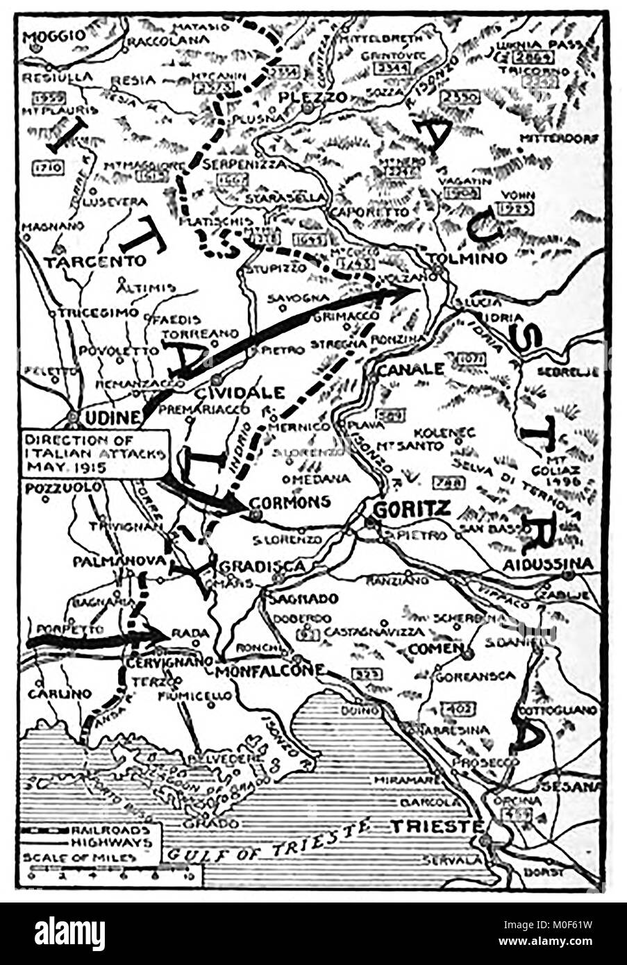 WWI-A 1917 Karte mit militärischen Aktivitäten in der 1914-1918 Erster Weltkrieg - Karte der italienischen Angriff auf Österreich Stockfoto
