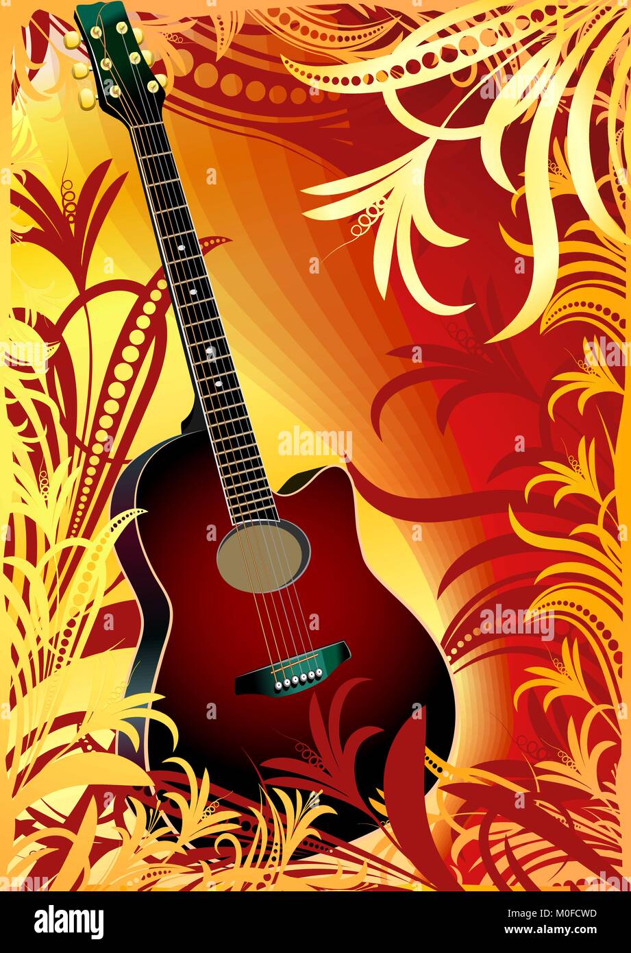 Akustische Gitarre auf floral background Stock Vektor