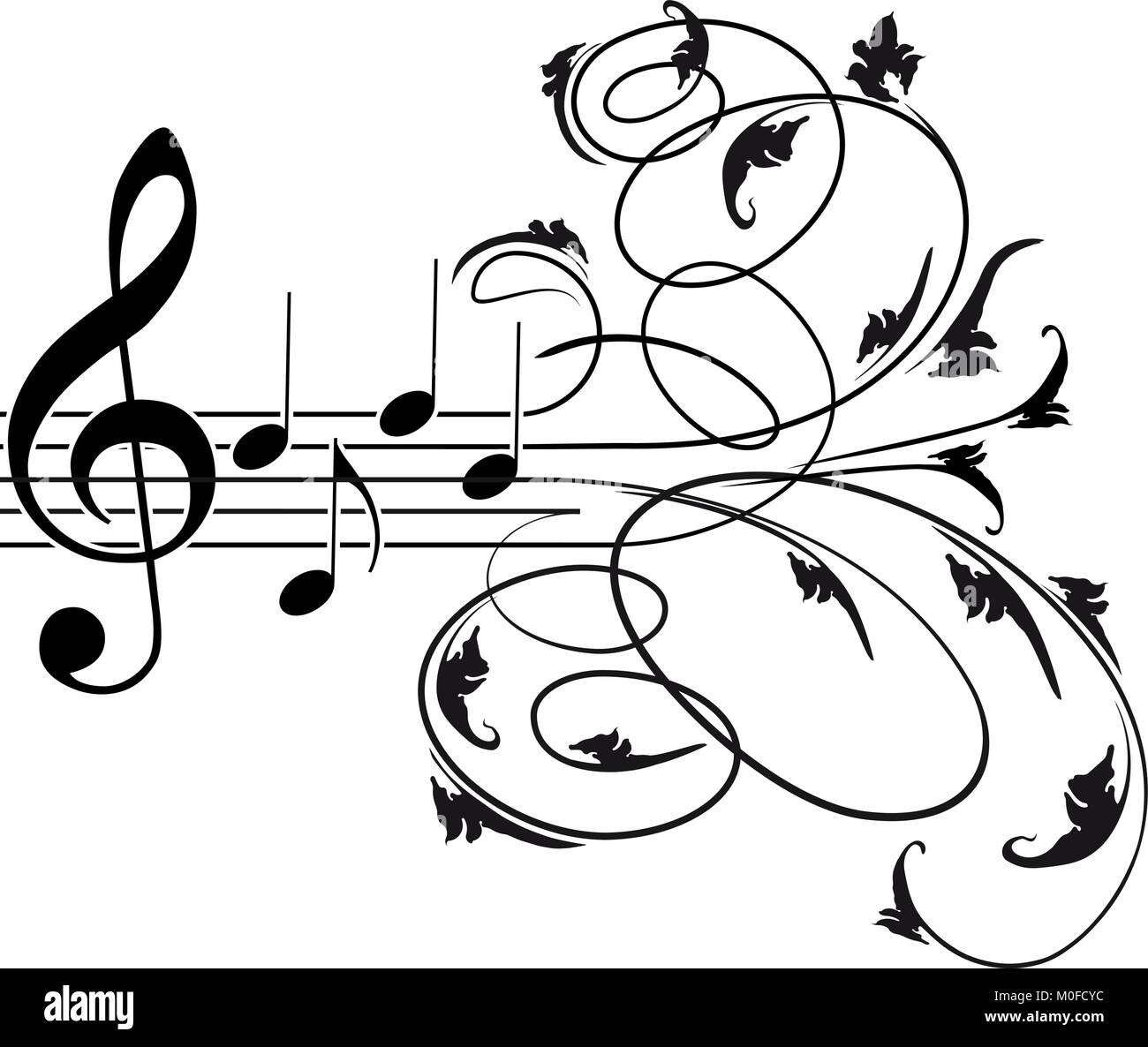 Violinschlüssel und Noten mit dekorativem Blumenmuster wirbelt Stock Vektor