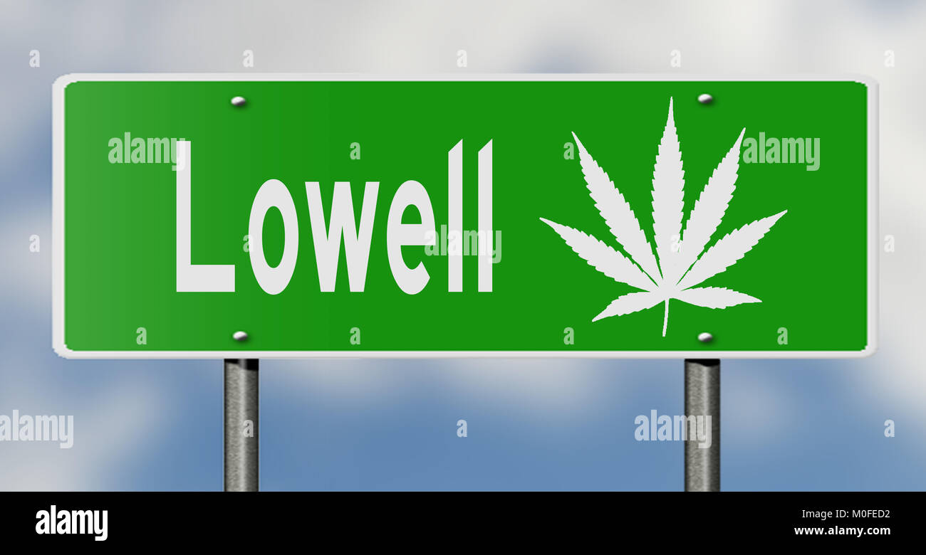 Eine 3D Rendering eines grünen Hinweisschild mit Marihuana Blatt Stockfoto