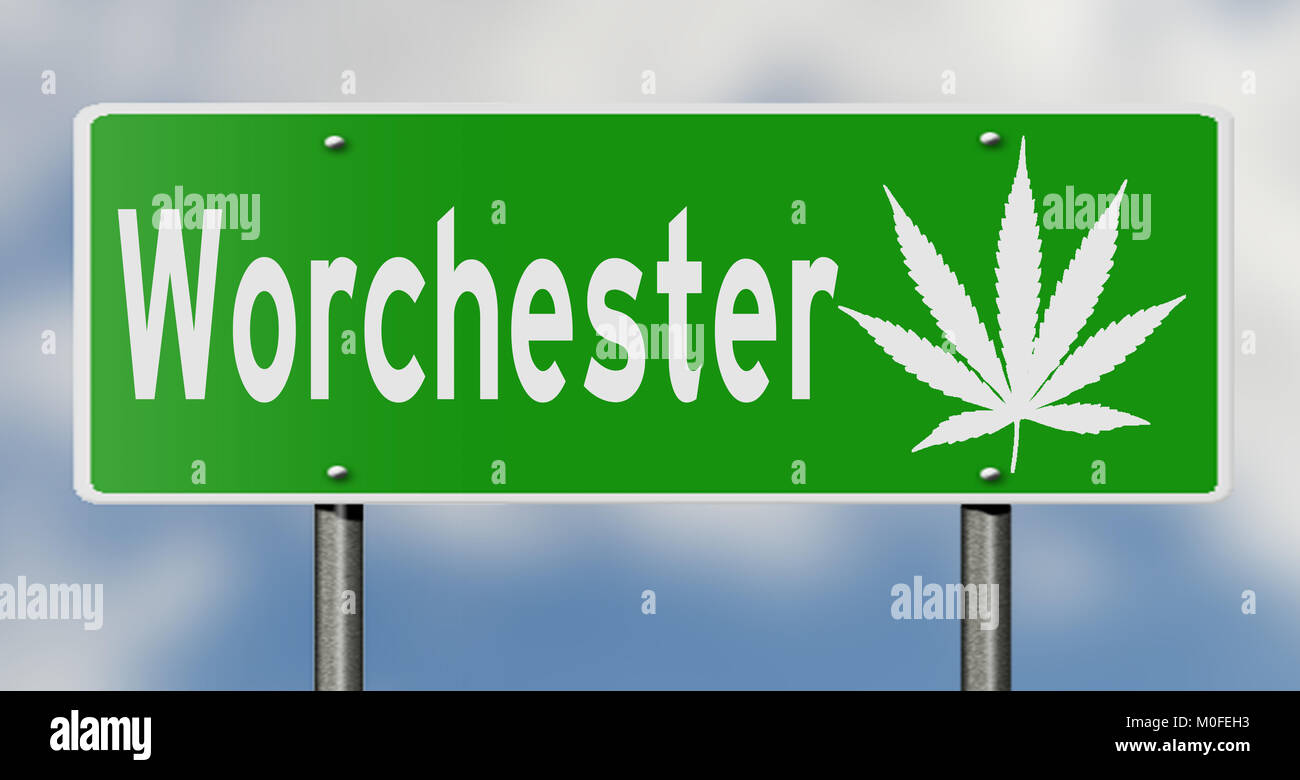 Eine 3D Rendering eines grünen Hinweisschild mit Marihuana Blatt Stockfoto