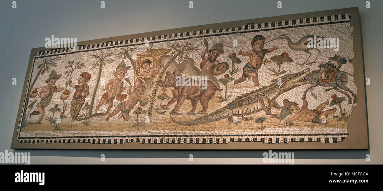 Mozaic panel mit pygmäen in einen nilotischen Szene, Römische mid-3rd Century AD, sagte, aus Nordafrika, das Metropolitan Museum der Kunst (Met), Obere Stockfoto