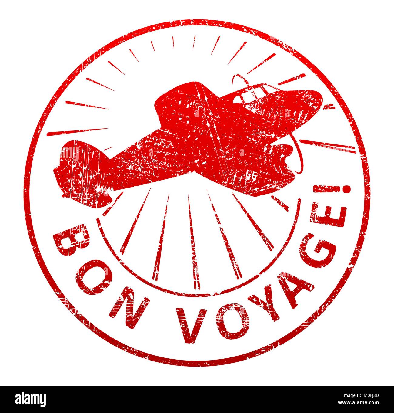 Bon Voyage - Stempel mit einem Flugzeug und Strahlung in einem grunge Stil. Vector Illustration für Ihr Design. Stock Vektor